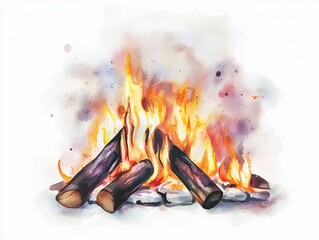 Colorful watercolor painting of a campfire with logs.