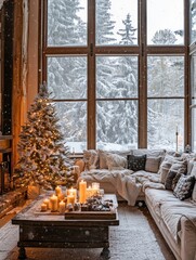 Cozy Winter Cabin Interior with Christmas Tree and Snowy Window View