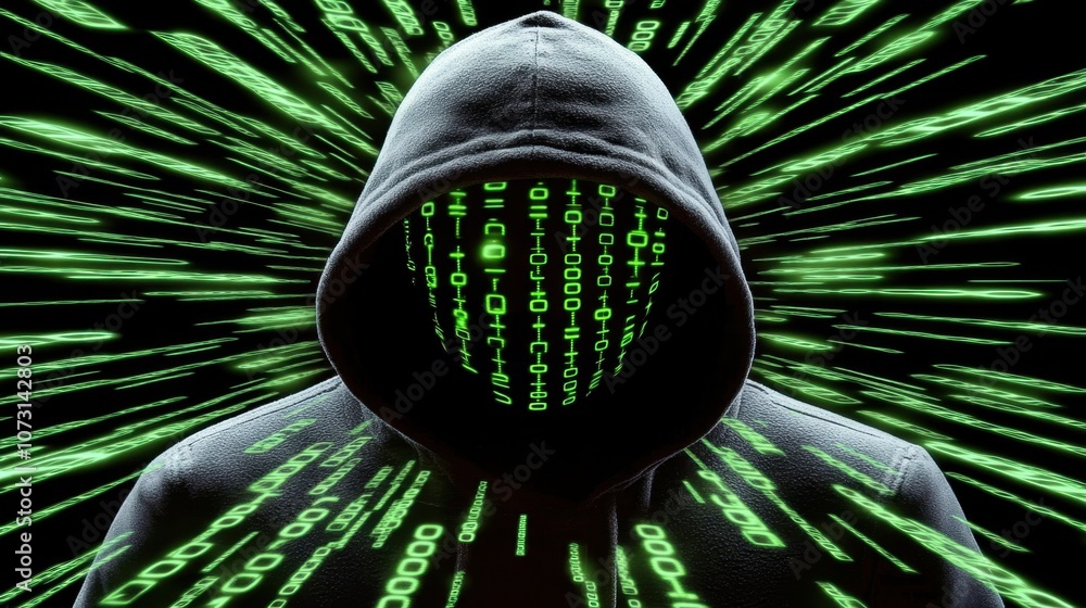 Poster mysterious figure in hooded sweatshirt surrounded by flowing binary code representing cybersecurity,