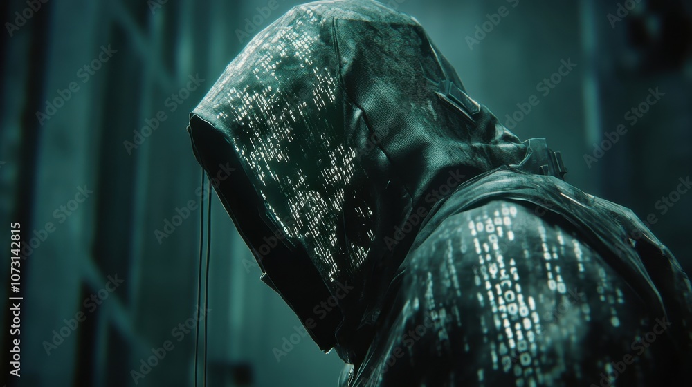 Poster mysterious figure in a hooded jacket surrounded by neon light array and digital patterns, evoking an