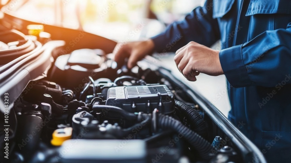 Poster close-up view of a mechanic tuning an engine in a vehicle workshop, highlighting intricate details o