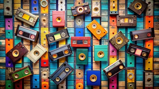 Vintage Video Tapes with Colorful Labels and Artistic Covers in a Retro Style, Perfect for Nostalgic Collectors and Media Enthusiasts