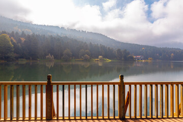 Naklejka premium Bolu Golcuk Lake and famous house view with reflections.