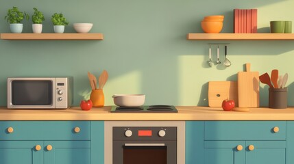 Modern Kitchen Interior with Colorful Shelves, Fresh Ingredients, and Cooking Equipment Highlighting a Bright, Inviting Culinary Space for Home Chefs and Food Enthusiasts