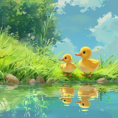 two little ducks standing on the water by the grass, colorful animation stills