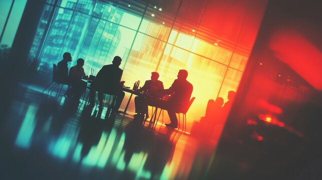 Silhouetted figures in a modern conference room, discussing ideas against a colorful backdrop. - Powered by Adobe