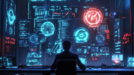 Futuristic Cybersecurity Operations Center with Advanced Technology, Data Monitoring, and Digital Interface in a High-Tech Environment