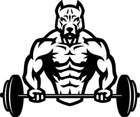 A bodybuilder with the head of a pitbull holds a barbell.