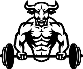 A bodybuilder with a bull head holds a barbell.