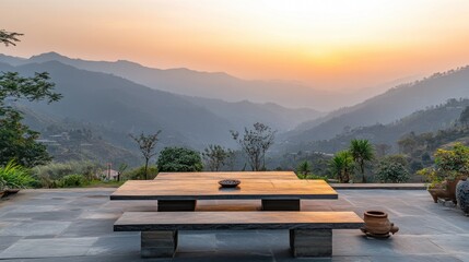 Serene Mountain View at Sunset with Wooden Table and Natural Landscape Surrounded by Lush Greenery and Soft Light in Tranquil Setting