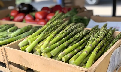 Fototapeta premium Bunches of green raw garden asparagus, Generative AI 