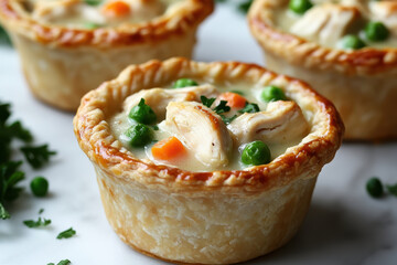 Golden mini chicken pot pie muffins with a flaky crust and creamy filling of chicken. AI generative.