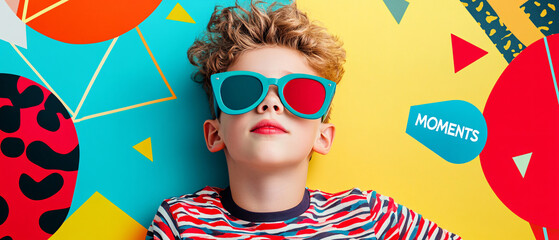 Cool Boy Wearing Sunglasses Against Colorful Geometric Background, Cool Boy Wearing Sunglasses Against Colorful Geometric Backgroun