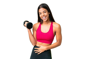 Young African American woman sport woman making weightlifting over isolated chroma key background smiling a lot