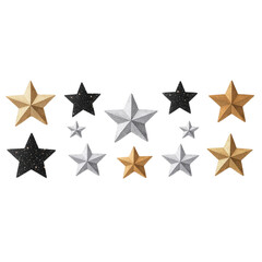 Fototapeta premium A collection of decorative stars in gold, silver, black, and gray, arranged in various sizes for aesthetic appeal.