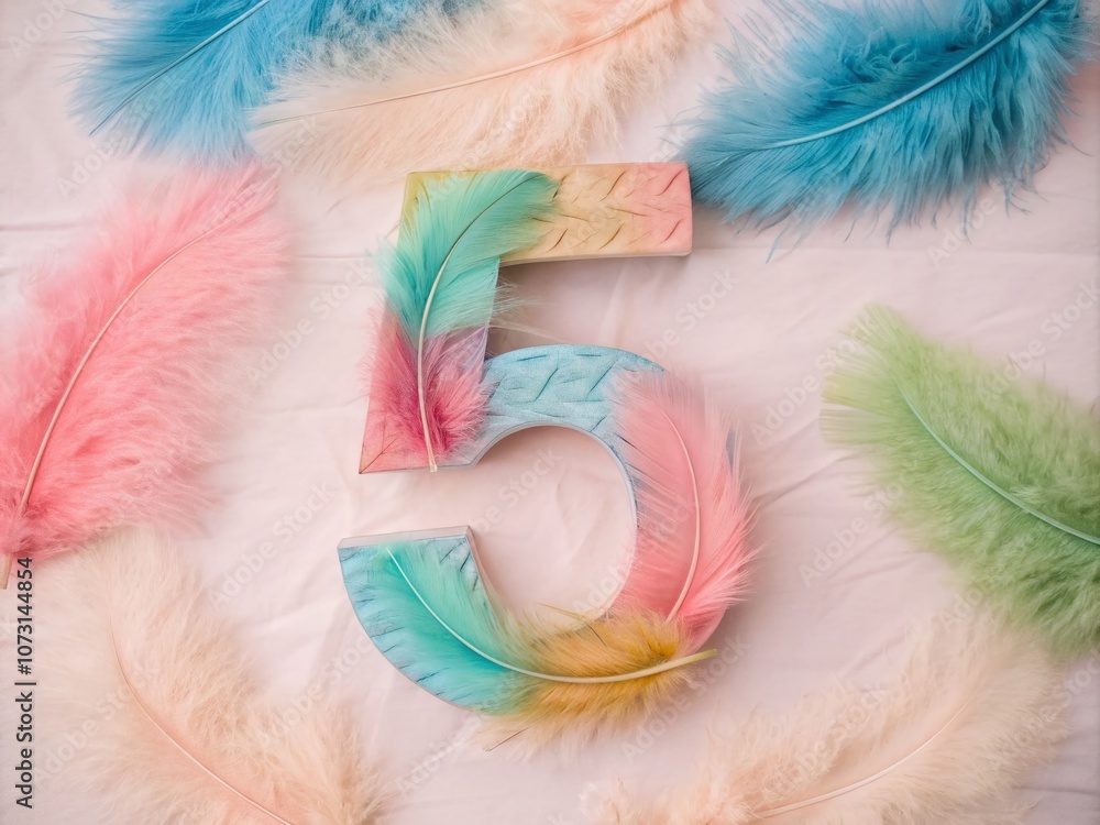 Aufkleber whimsical number 5 created with a colorful array of feathers in blue, pink, peach, and green on a so