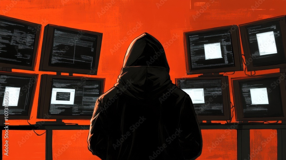 Poster mysterious figure in hoodie backs to multiple monitors displaying code and data, set against an eye-