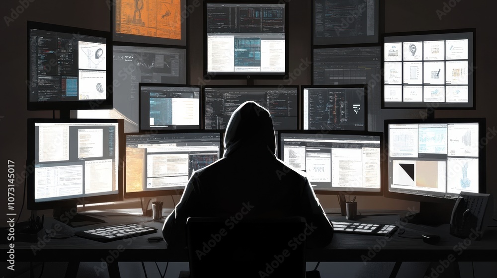Poster mysterious individual working late night surrounded by multiple computer screens displaying complex 