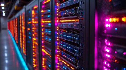 Illuminated High-Tech Data Center with AI Servers Powering Cloud Computing Services