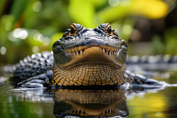 Fototapeta premium Close-up portrait of an alligator in a lush, green natural habitat with reflections on the water and intricate textures on its skin under sunlight.