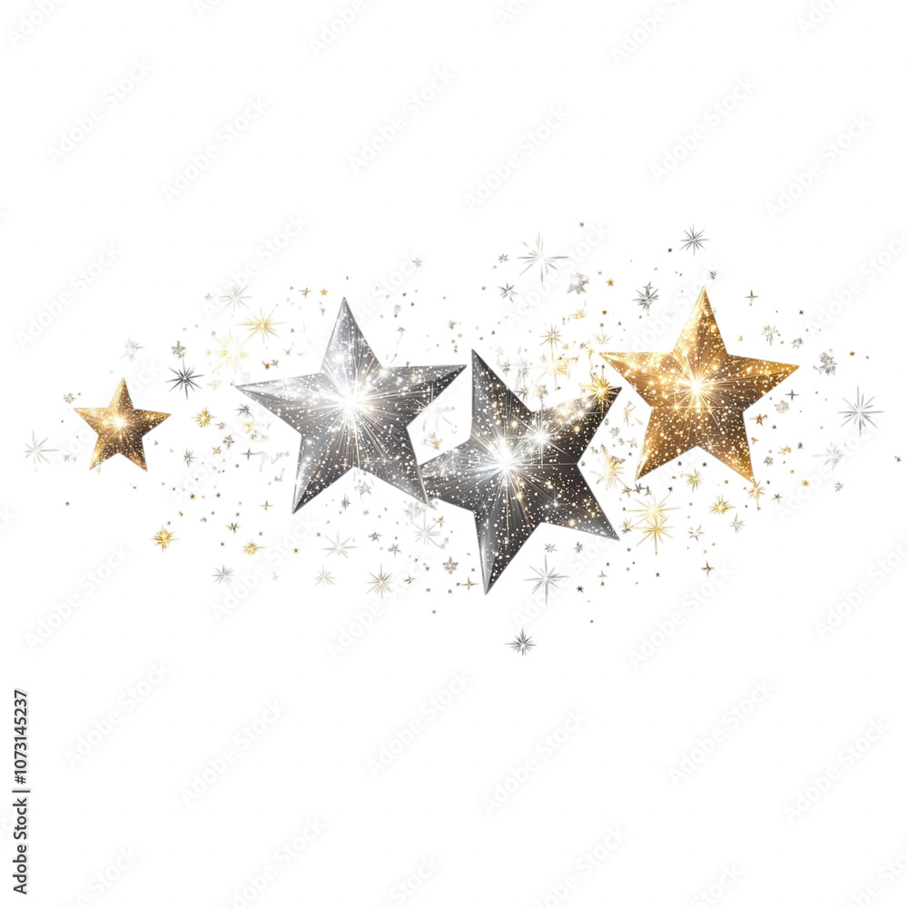 Poster a dynamic arrangement of shimmering stars in silver and gold, surrounded by sparkling particles, cre