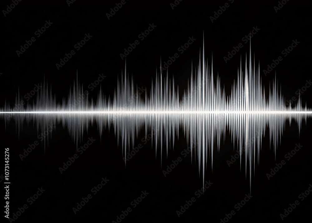 Poster white line sound waveform on black background with copy space for audio visualization and technology