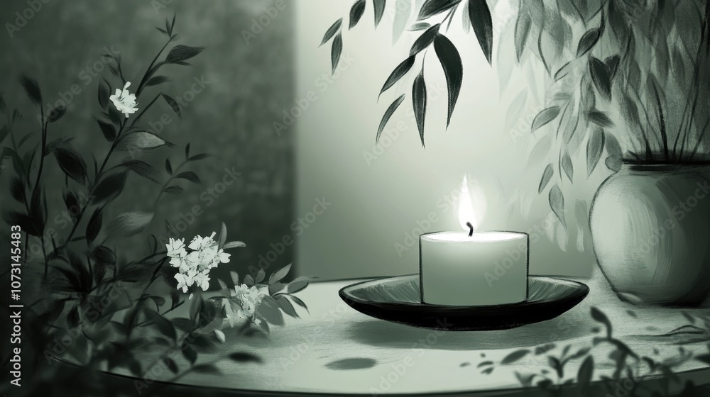 Poster tranquil candlelight scene with soft greenery and delicate flowers on a simple table, creating a ser