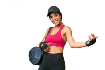 Young sport African american woman with sport bag over isolated background making guitar gesture