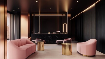 Elegant modern interior design featuring stunning furniture with pink and gold accents, stylish lighting in luxurious lounge area with sleek decor elements
