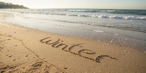 Winter Word Art on Sandy Beach with Gentle Waves Background, Capturing the Essence of Winter's Calmness in a Tropical Setting for Seasonal Imagery and Inspiration