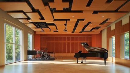 A modern music studio with a grand piano, drums, and large windows.  The room features a unique, geometric wood ceiling.