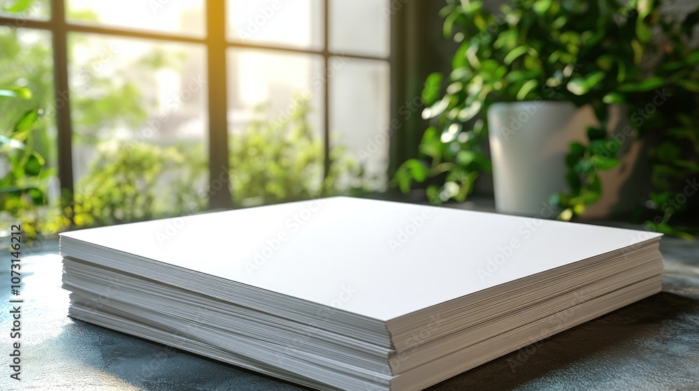 Poster stack of white paper on a table with a window and plants in the background.