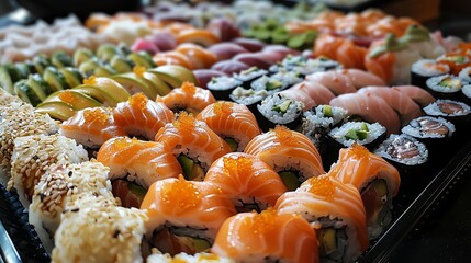 A platter of assorted sushi rolls.