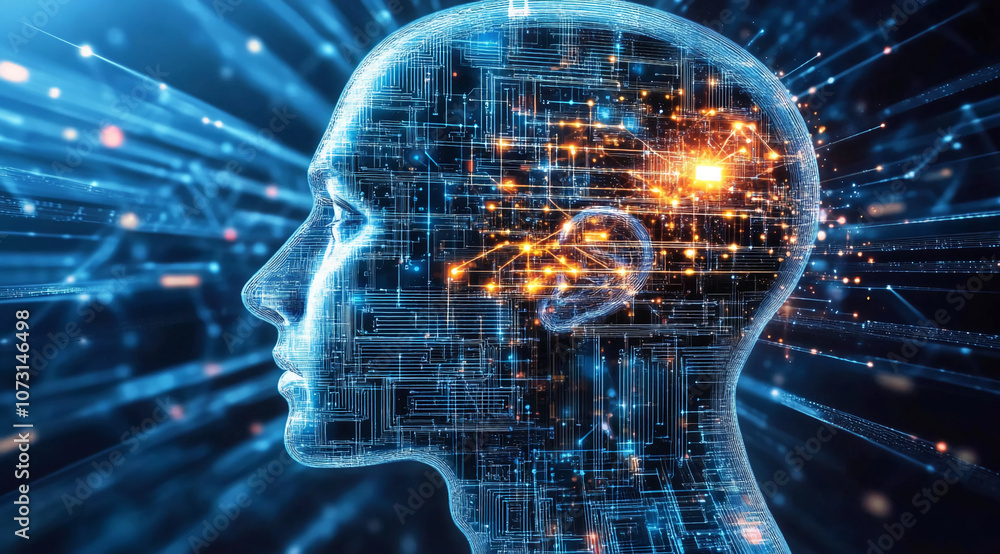 Poster A digital representation of a human head made of circuits with glowing lines inside and streaming lines of light coming from the head