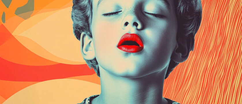 Closeup Portrait of a Woman with Red Lips and Eyes Closed