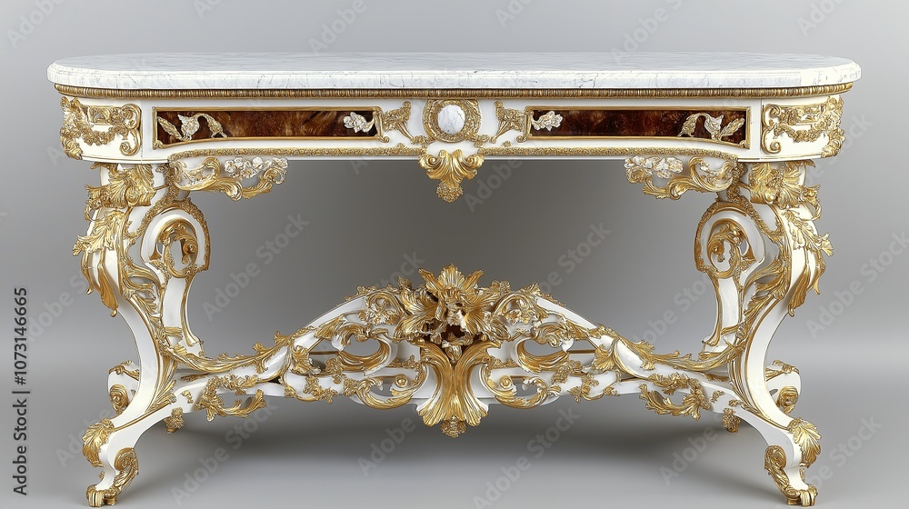 Poster ornate console table with gilded detailing and marble top