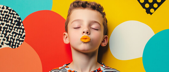 Young Boy with Yellow Lips Posing Against Colorful Background