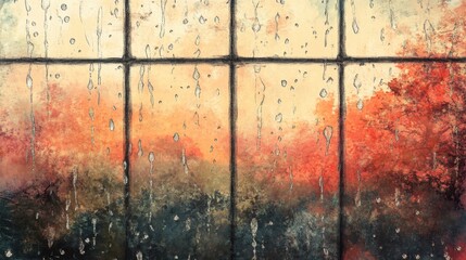 Beautiful Autumn Landscape with Rain Drops on Window Reflecting Colorful Trees and Soft Background Hues, Capturing the Essence of a Cozy Fall Day