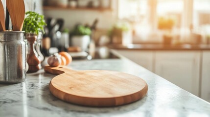 Cozy and Bright Kitchen with Wooden Cutting Board Surrounded by Fresh Ingredients and Cooking Utensils Bathed in Soft Morning Light