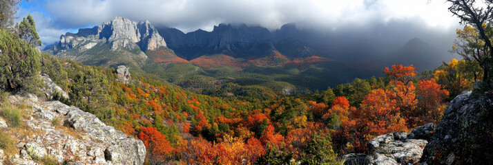 sunlight casting over foggy mountains and an autumn forest. AI generative.