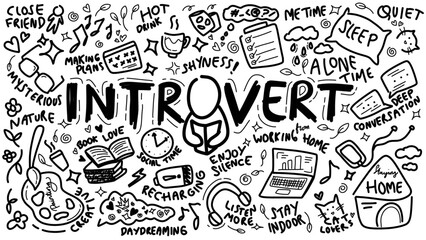 Introvert Doodle illustration hand drawn on white isolated background. World introvert day. Introvert personality vector element. Extrovert, ambivert personality doodles.
