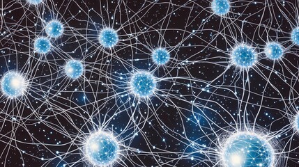 Naklejka premium Abstract neural pattern with intersecting lines and glowing points, depicting interconnected pathways of digital intelligence and AI development