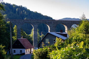 A historic railway viaduct located in a forest in the Czech Republic