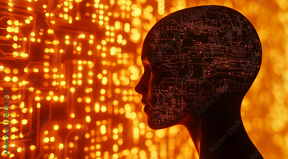 Poster A silhouette of a human head with circuit board design overlayed on it is positioned in front of a blurred orange background with lights