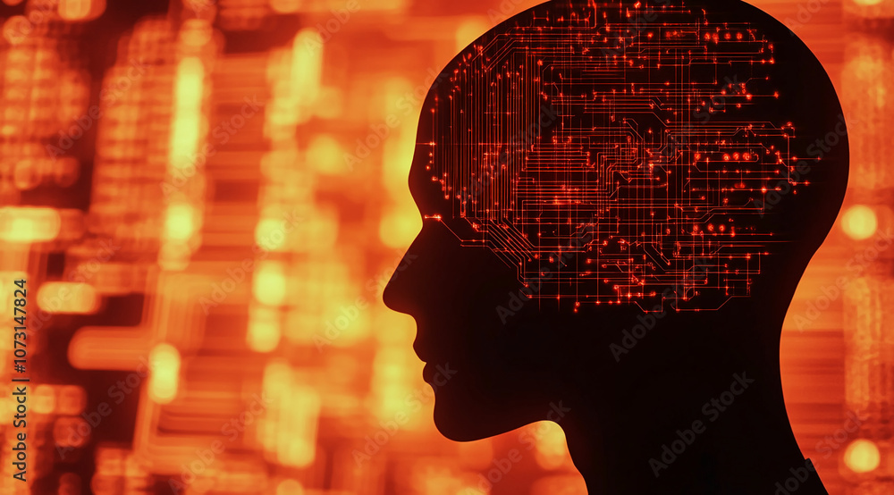Poster a silhouette of a person's head with a circuit board overlayed, set against a blurred background of 
