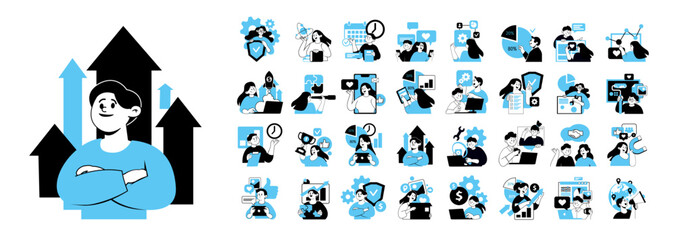 Illustration set of businesspeople  and various activities of company and project management, online communication,  finance, marketing.