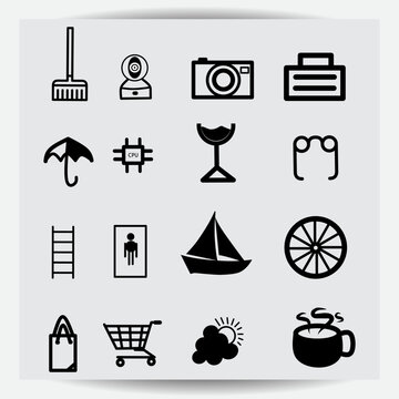 random collection of black and white icons on canvas