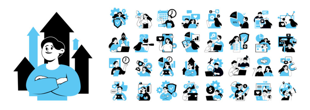 Illustration set of businesspeople  and various activities of company and project management, online communication,  finance, marketing.