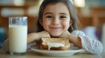 Kids having nutritious breakfast. Cute kid eating tasty bread with butter and milk.