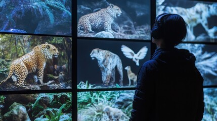 AI interpreting animal behaviors, wildlife data being processed on advanced digital displays